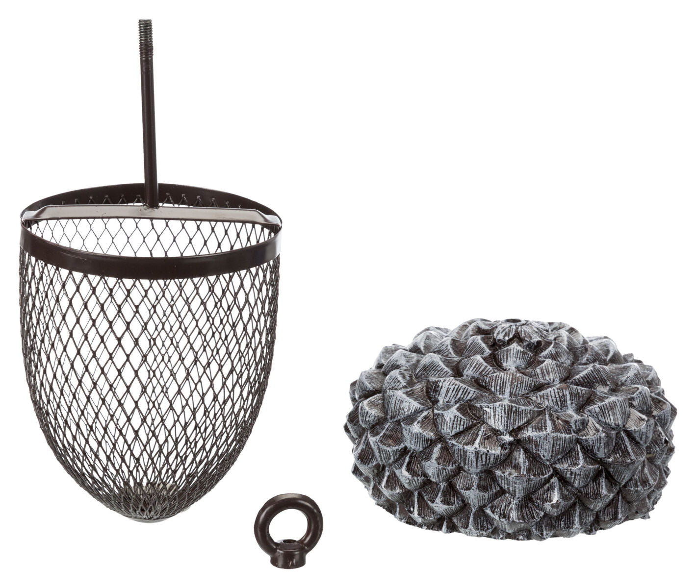Ein schwarzer Metallkorb mit einem Netzmuster und Stab, daneben ein grauer, strukturiert gemusterter Gegenstand.