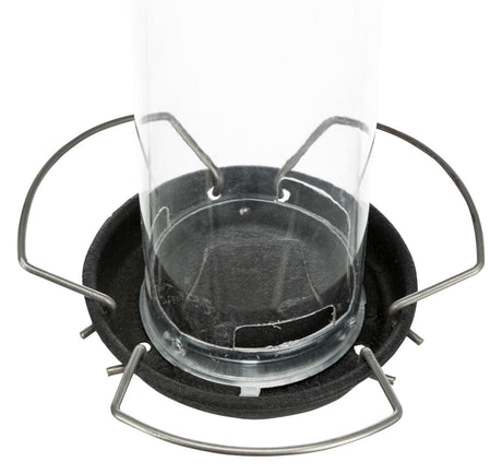 Transparenter Glaszylinder mit metallischen Halterungen auf schwarzem Rundsockel.