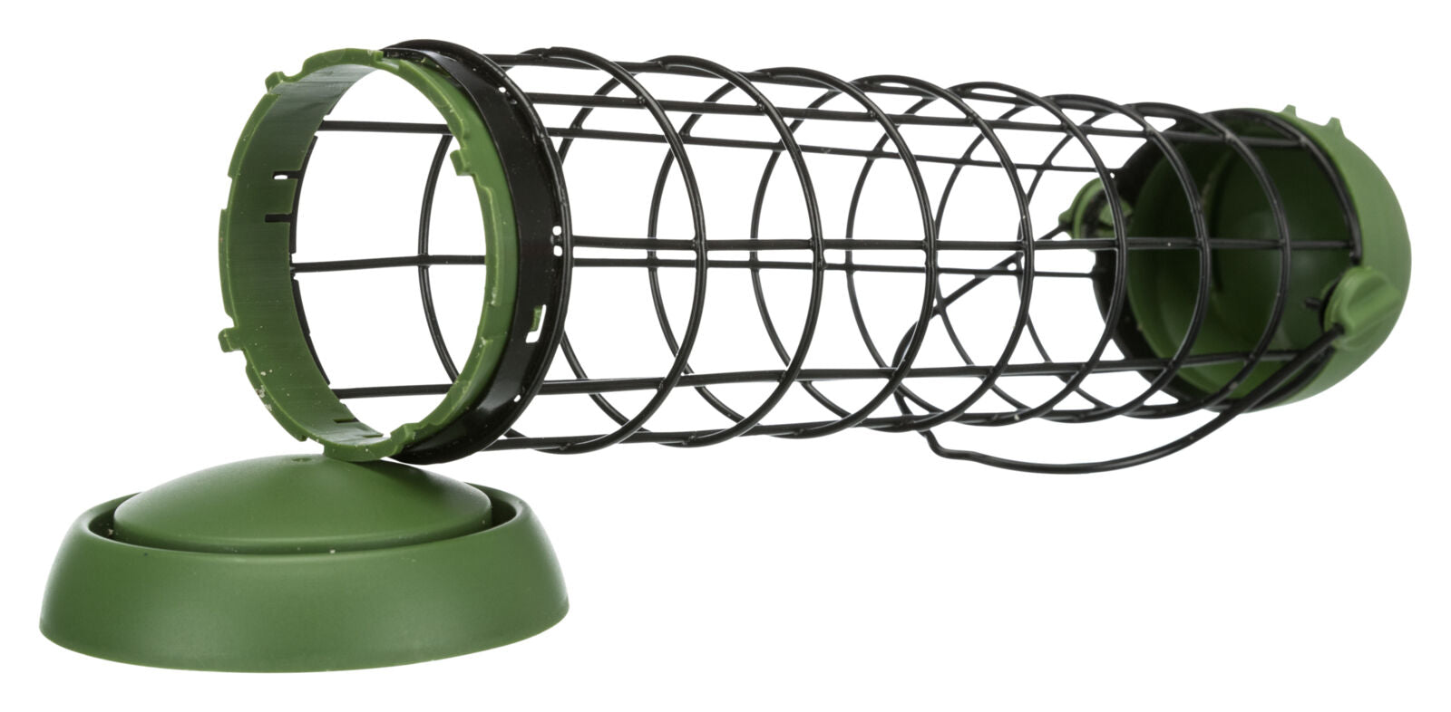 Schwarzer Metallzylinder mit grünen Kunststoffkappen an beiden Enden, teilweise geöffnet.