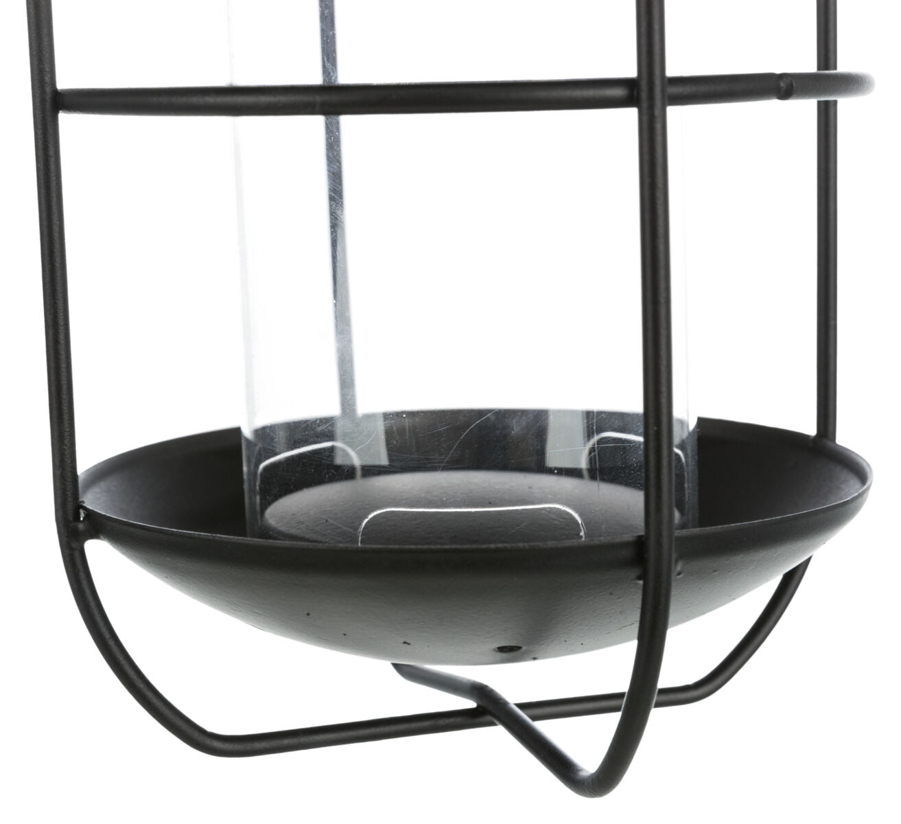 Rundes Metallgestell mit Glaszylinder in schwarzer Halterung, geeignet für Innen- oder Außeneinsatz.