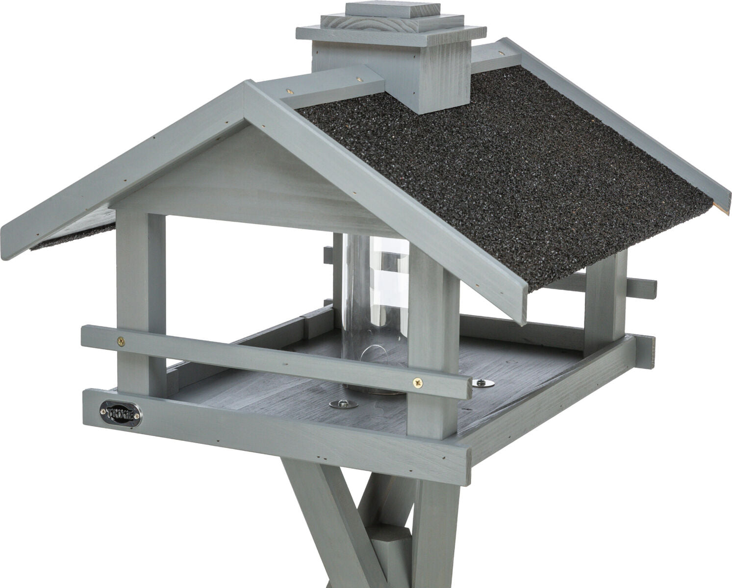 Graues Holzvogelhaus mit schwarzem Dach, klaren Wänden und einem transparenten Behälter in der Mitte.