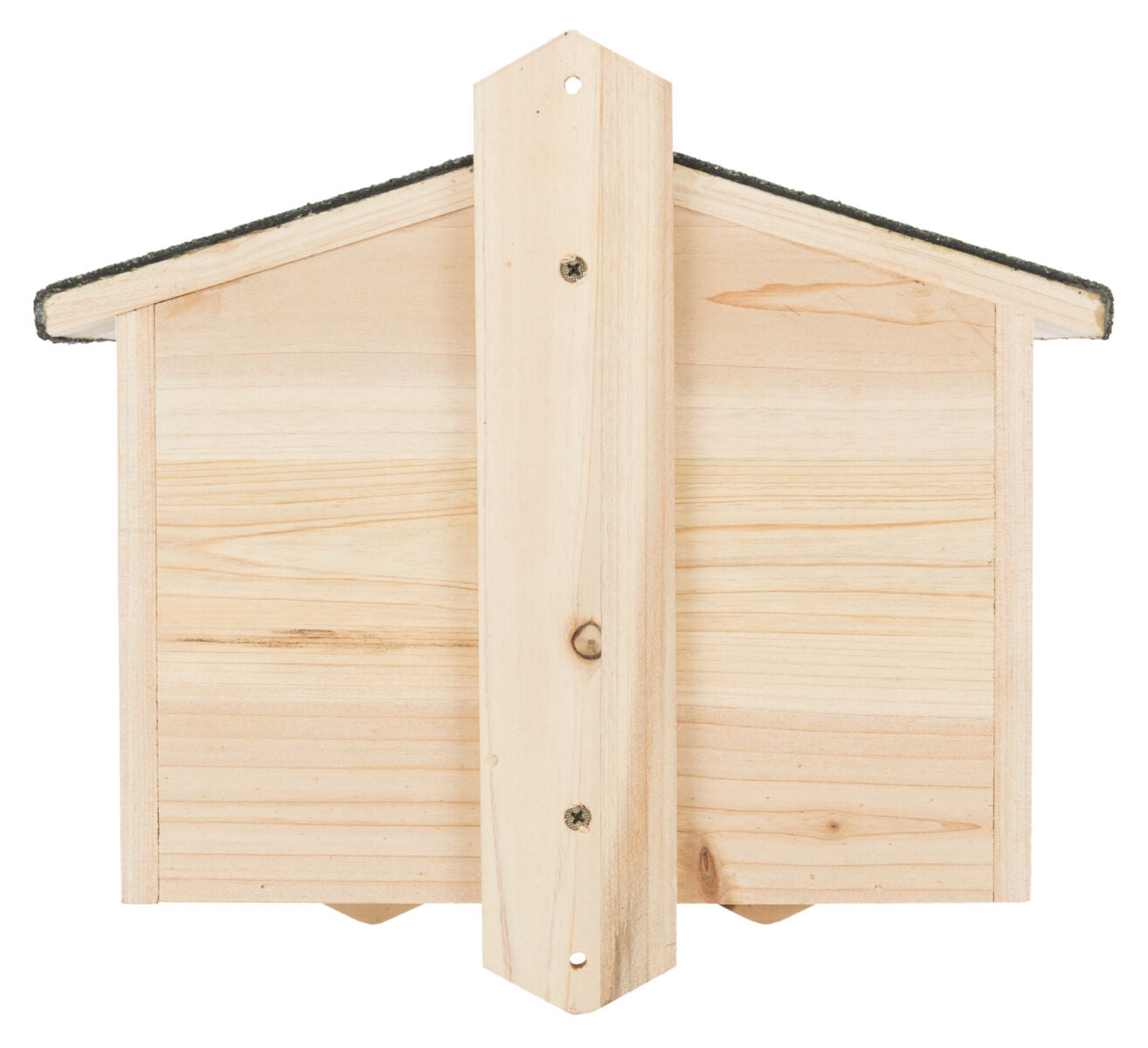 Holzkasten mit schrägem Dach und mittigem Befestigungsbrett, in hellem Naturholzton, Schrauben sichtbar.