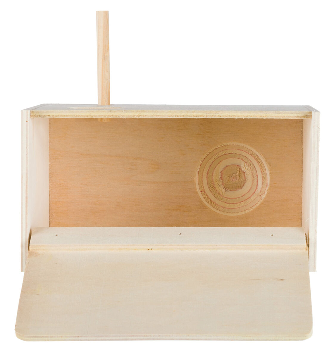 Holzkasten mit offener Klappe, heller Innenraum, rechteckige Form, hölzerner Stab oben, runde Maserung sichtbar.