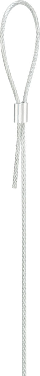 Silbernes Drahtseil mit einer Schlaufe am Ende und einer Metallklammer zur Befestigung, vertikal ausgerichtet.