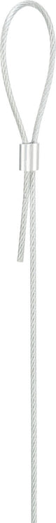Silbernes Drahtseil mit einer Schlaufe am Ende und einer Metallklammer zur Befestigung, vertikal ausgerichtet.