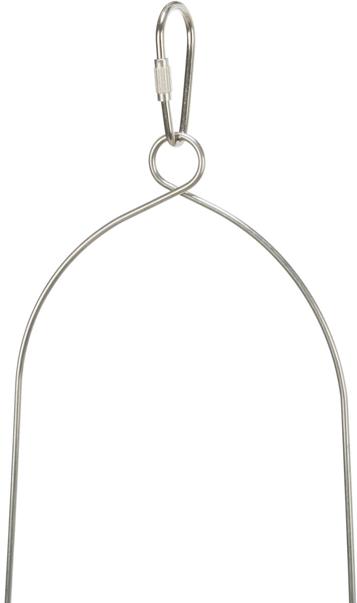 Silberner Metallhaken mit Karabiner oben und dünnem, gebogenem Draht im unteren Bereich gegen weißen Hintergrund.