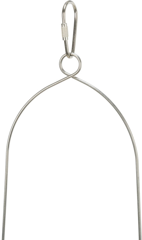 Silberner Metallhaken mit Karabiner oben und dünnem, gebogenem Draht im unteren Bereich gegen weißen Hintergrund.