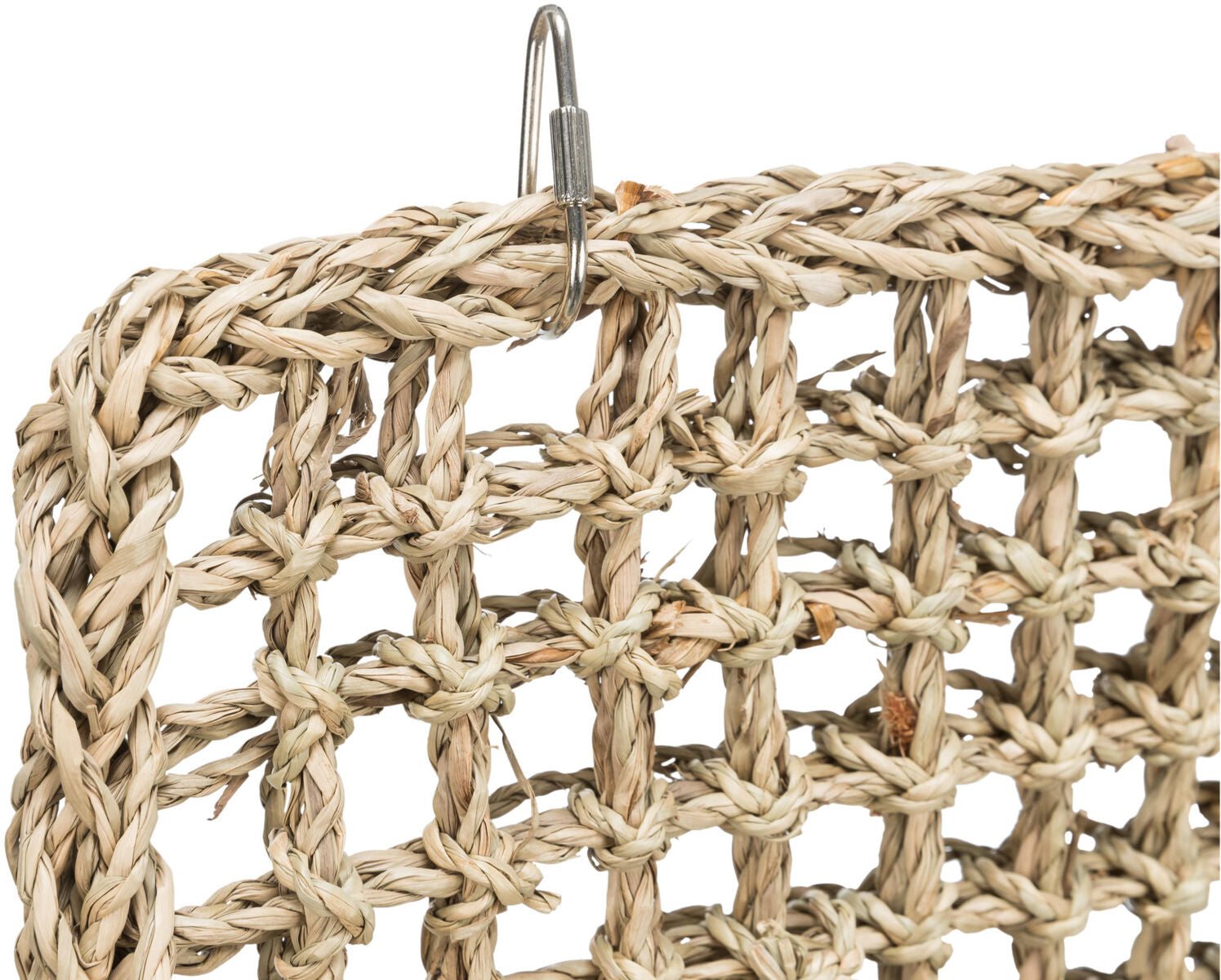 Weave aus grobem, geflochtenem Naturmaterial in quadratischer Musterung mit silbernem Haken.