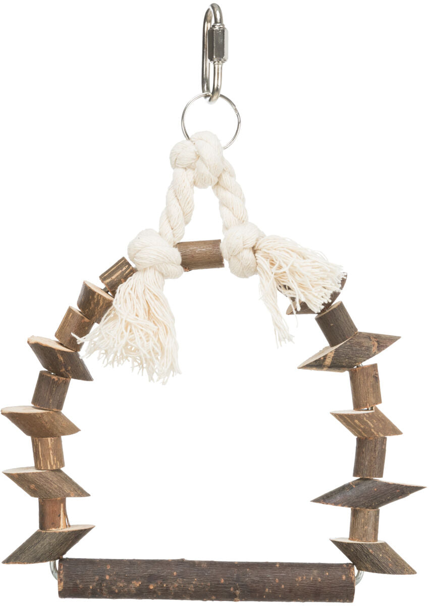 Holzspielzeug für Vögel in Dreiecksform mit Seilknoten und Metallhaken.