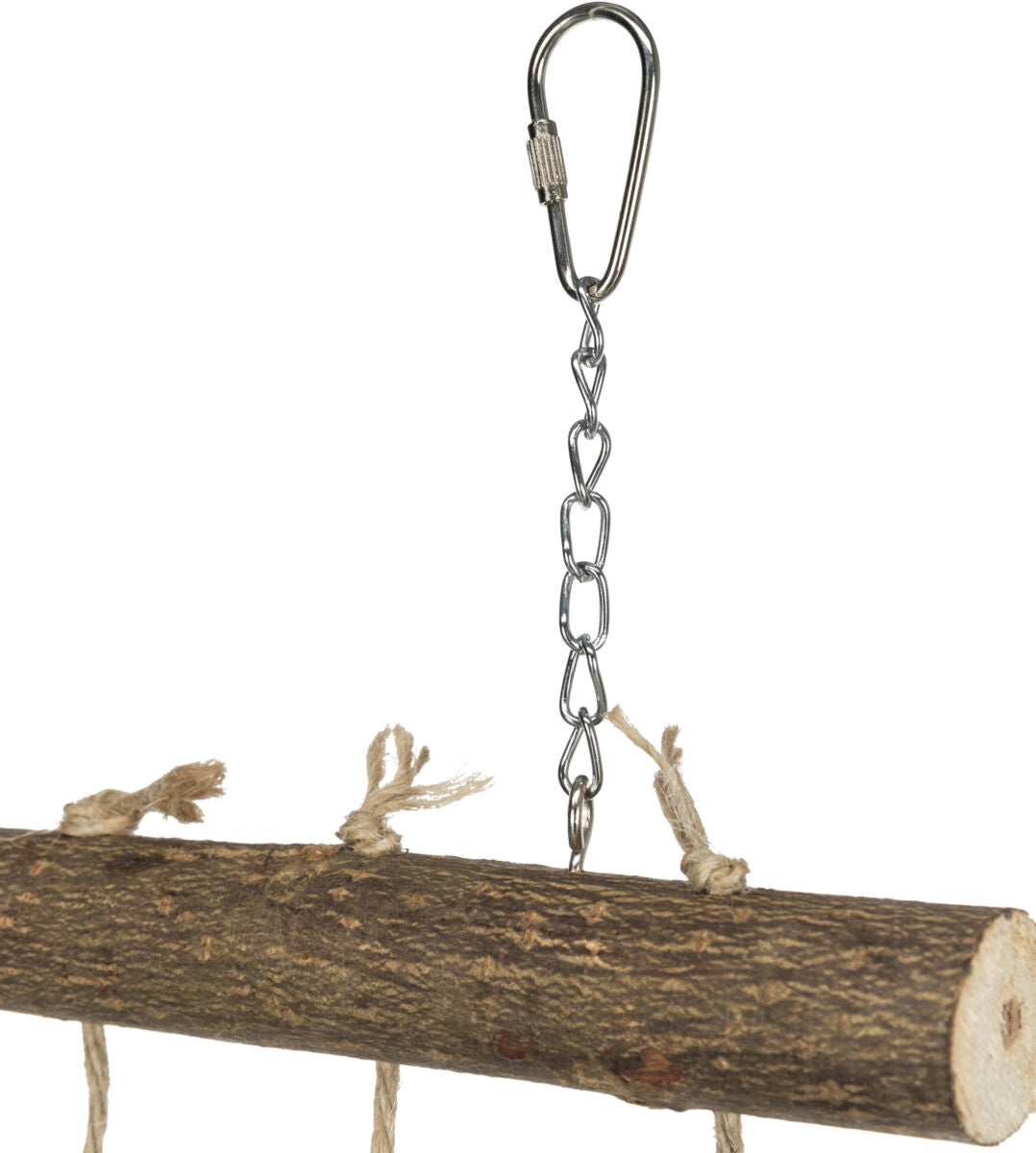 Metallkarabiner mit Kette an einem Holzstab befestigt, der mit mehreren Schnüren verknotet ist.