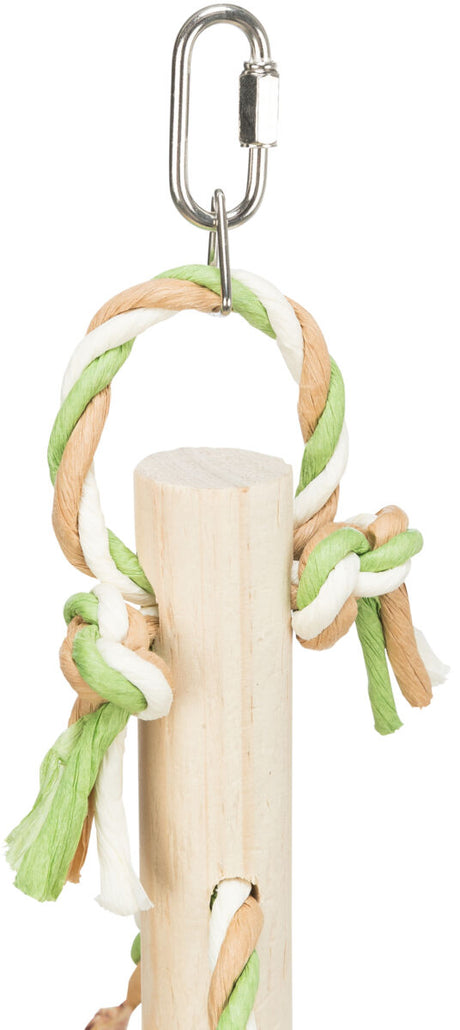 Holzstab mit geflochtenem Seil in Grün, Beige und Weiß, oben mit einem Metallclip zum Aufhängen.