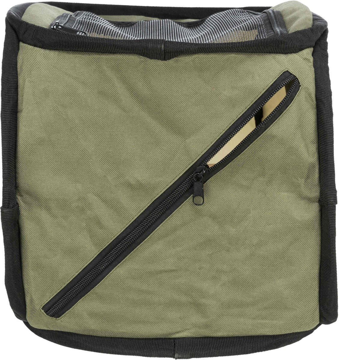 Grüne Transporttasche mit schwarzem Reißverschluss und Netzoberseite.