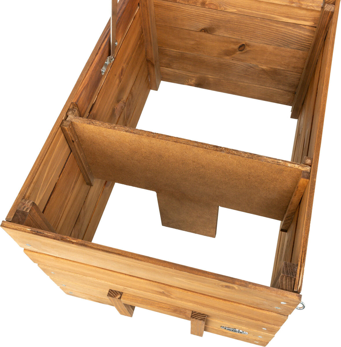 Holzkasten mit offenem Deckel, rechteckig, hellbraun mit klar sichtbaren Holzmaserungen und einem beweglichen Einsatz.