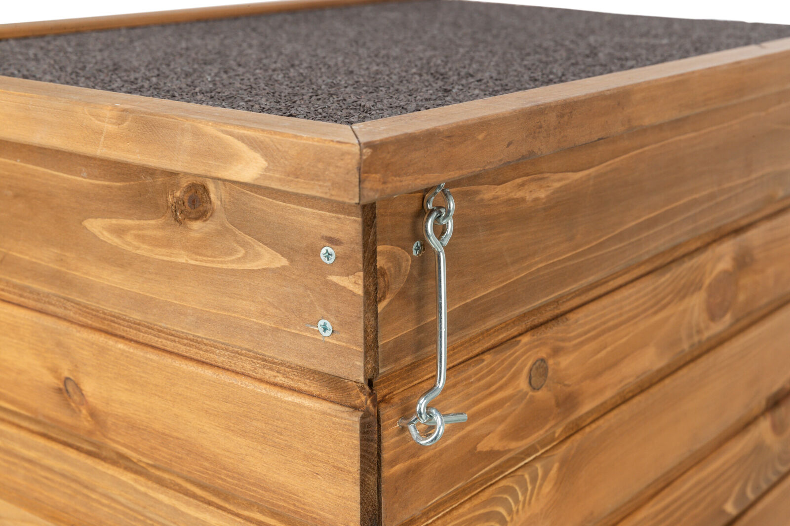 Holzbox mit dunkelbraunem Deckel und Metallverschluss, sichtbare Schrauben und Holzmaserung, rechteckige Form.