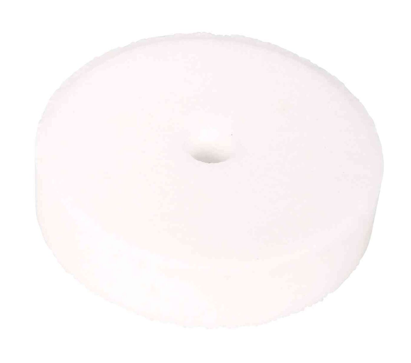 Weiße, runde Schaumstoffscheibe mit zentralem Loch vor weißem Hintergrund.
