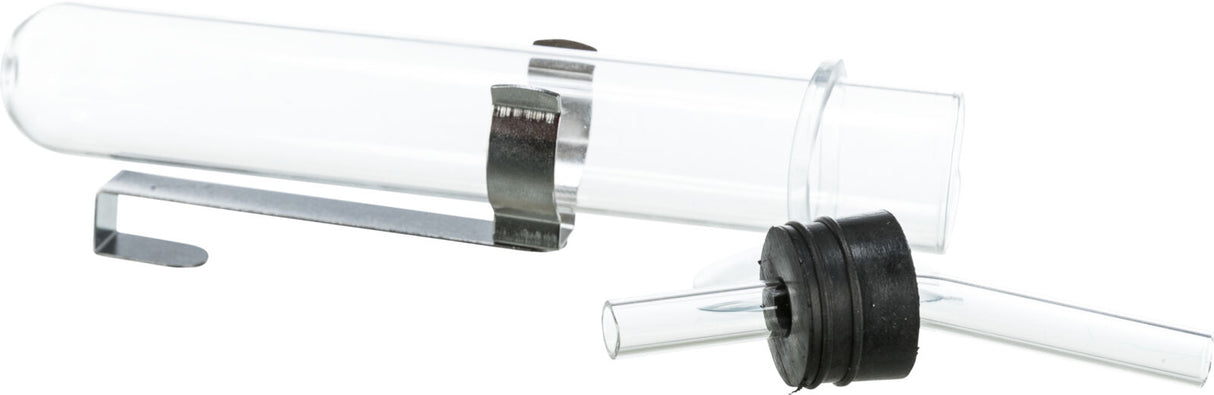 Transparente Glasröhre mit einem schwarzen Gummiverschluss und einer Metallhalterung.