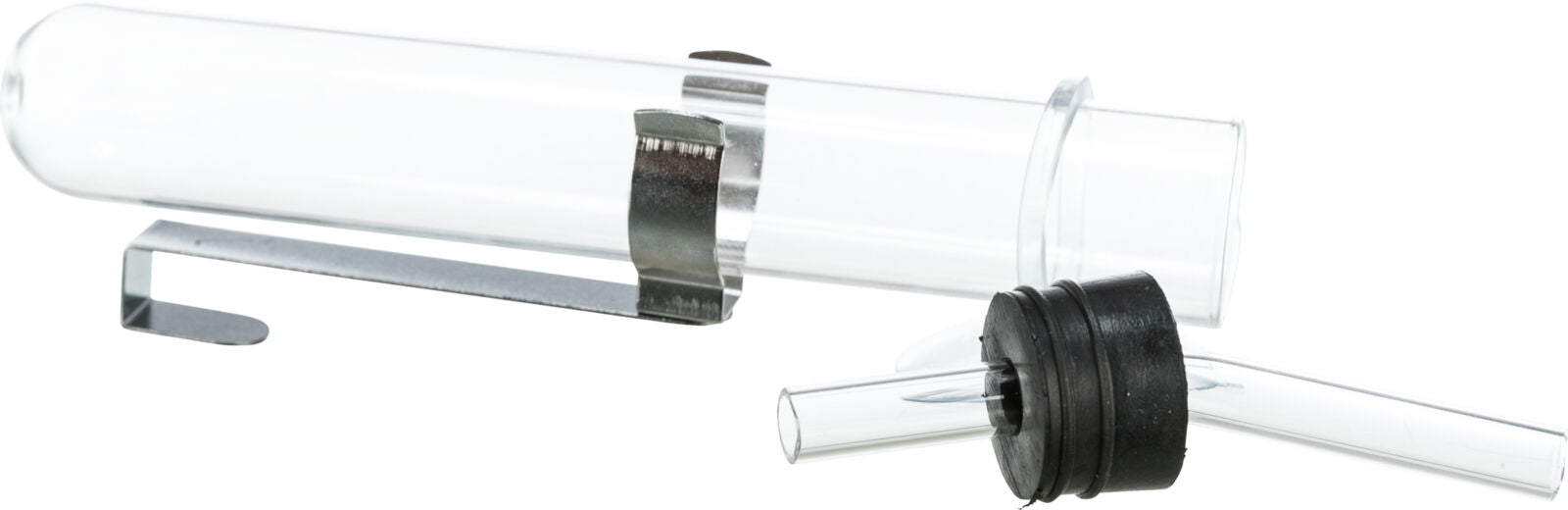 Transparente Glasröhre mit einem schwarzen Gummiverschluss und einer Metallhalterung.