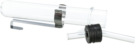 Transparente Glasröhre mit einem schwarzen Gummiverschluss und einer Metallhalterung.
