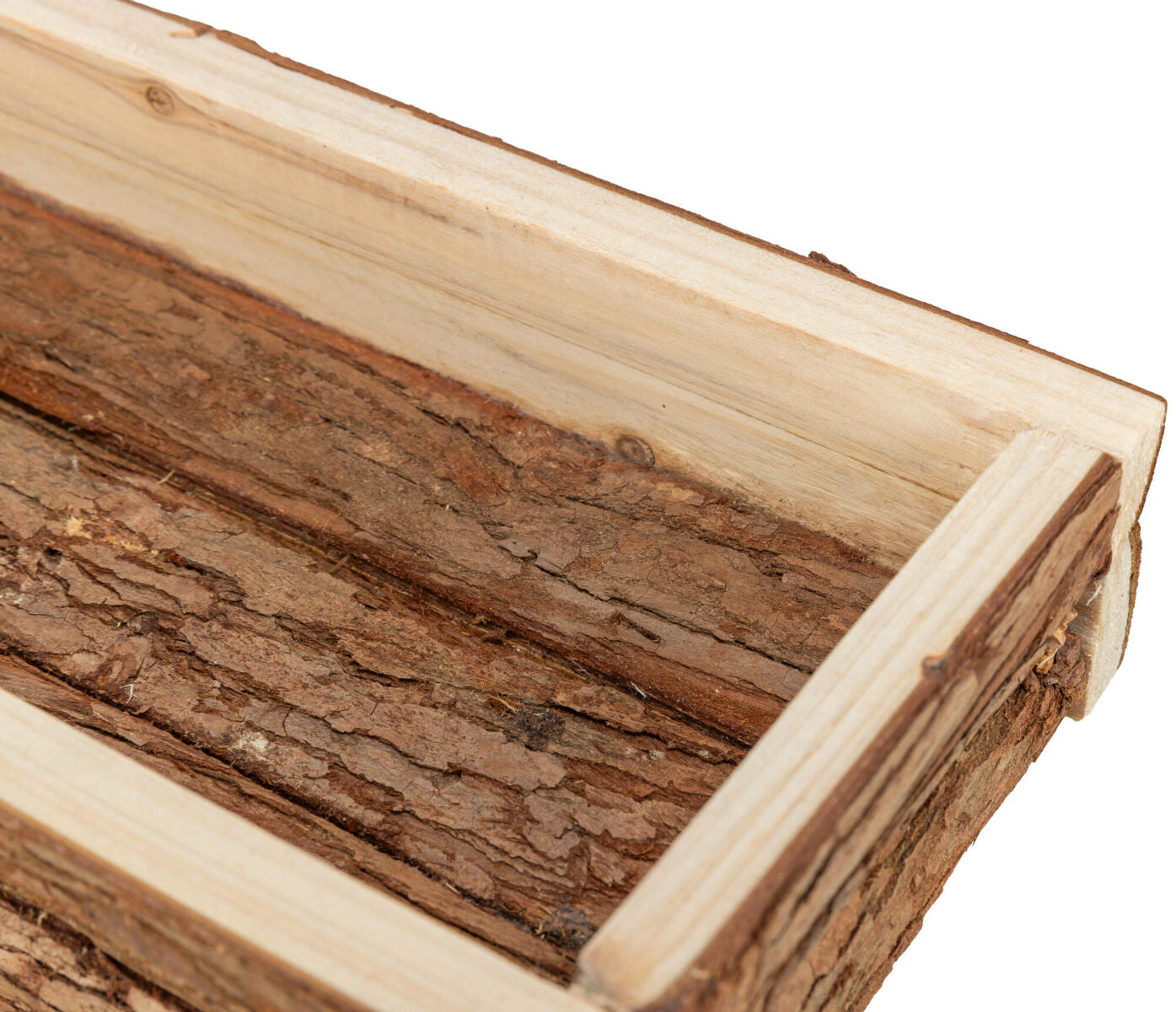 Holzrahmen mit natürlicher Rinde an der Innenseite, rechteckige Form, helle und dunkle Holztöne sichtbar.