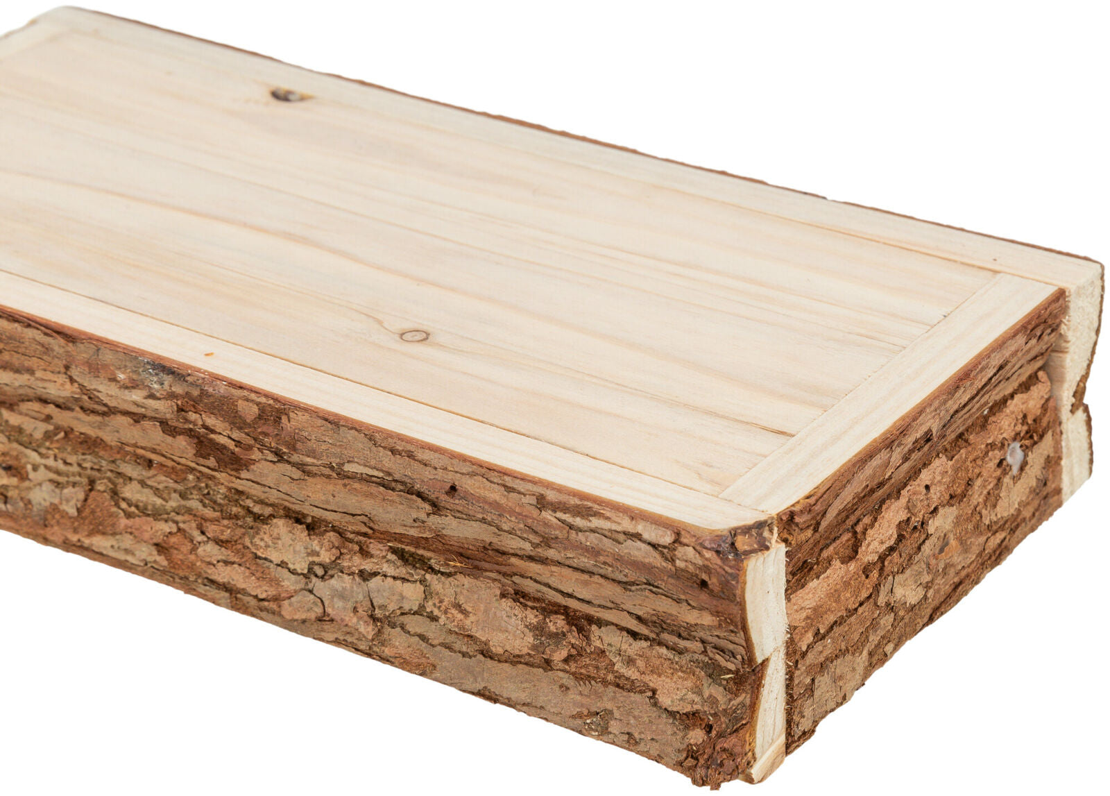 Ein rechteckiges Holzbrett mit natürlicher Rinde an den Seiten und einer glatten, hellen Oberfläche.