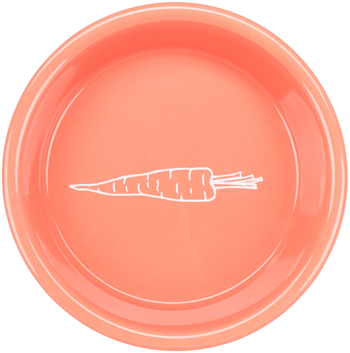 Runder orangefarbener Teller mit einem weißen Karottenmotiv in der Mitte.