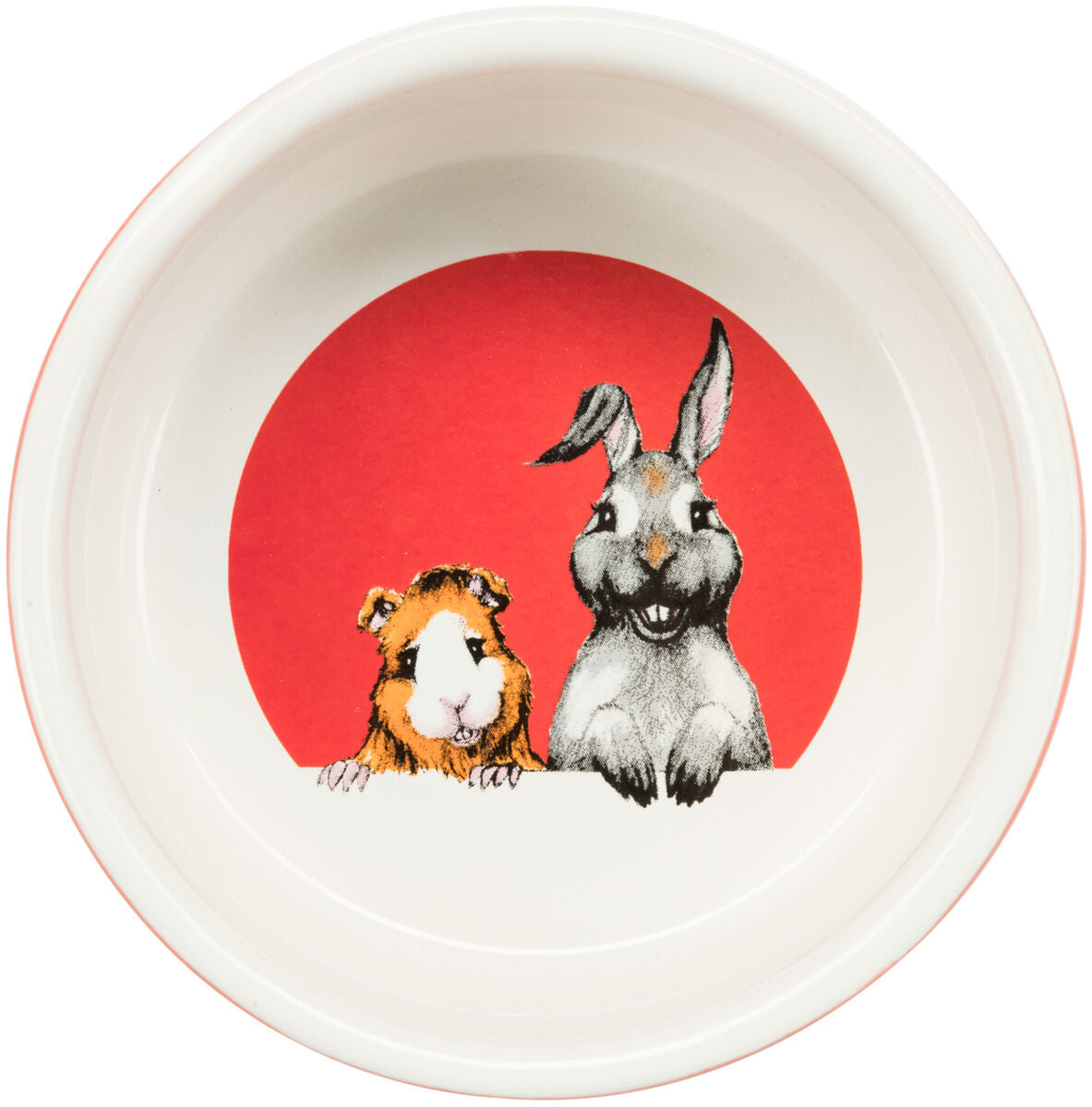 Weiße Schüssel mit rotem Kreis im Hintergrund zeigt Zeichnungen eines Meerschweinchens und eines Hasen.