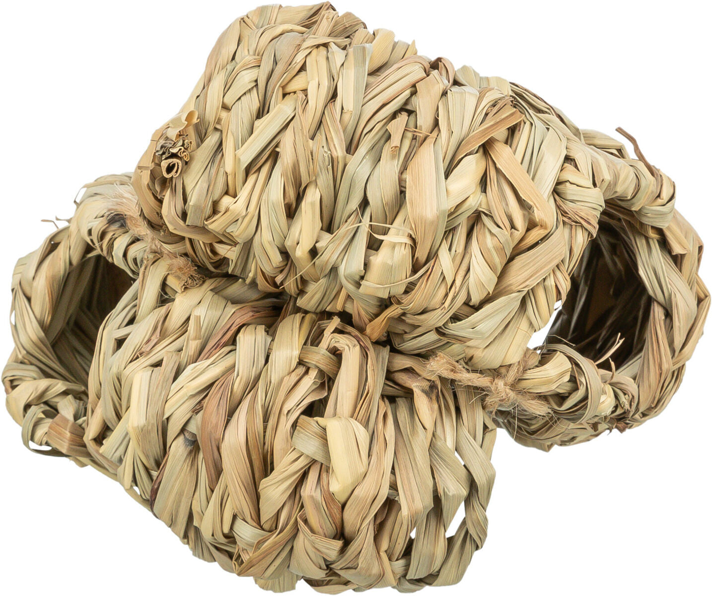 Geflochtenes Konstrukt aus Naturmaterialien in Beige- und Brauntönen mit sichtbaren Öffnungen.