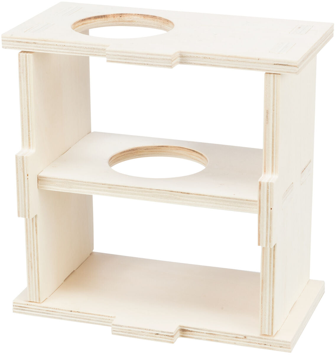 Regal aus hellem Holz mit zwei Ebenen und jeweils einem runden Ausschnitt pro Ebene.