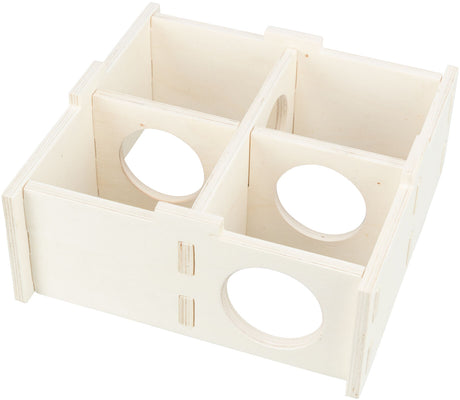 Holzkiste mit vier Fächern und runden Ausschnitten an den Seiten, naturbelassenes Holz.