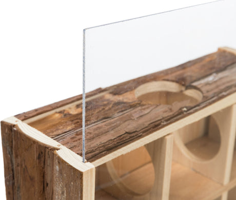 Holzregal mit Glasplatte und runder Aussparung auf einer oberen Holzfläche, natürliches Design.