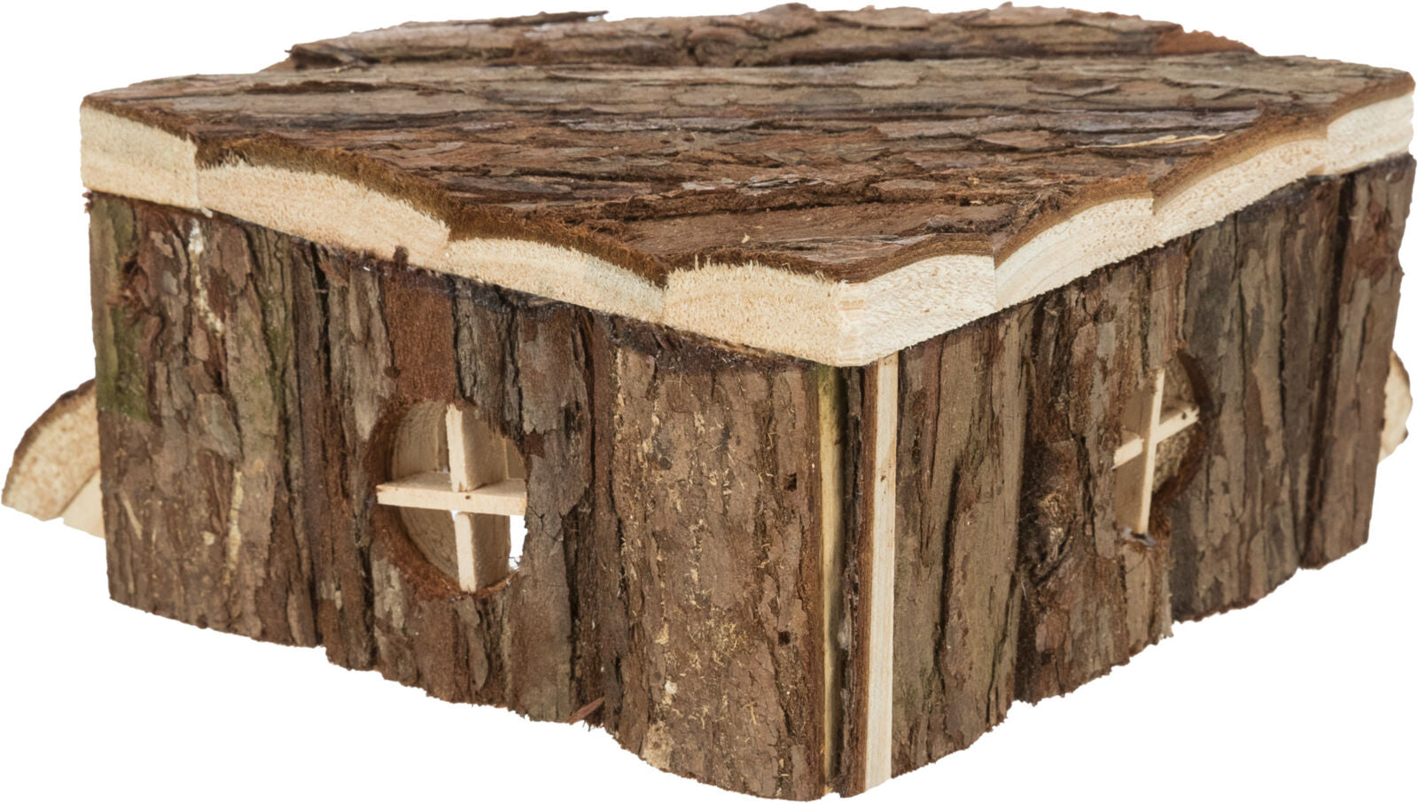 Ein Block aus Holzrinde mit rechteckiger Form und mehreren kleinen, runden Öffnungen an den Seiten.