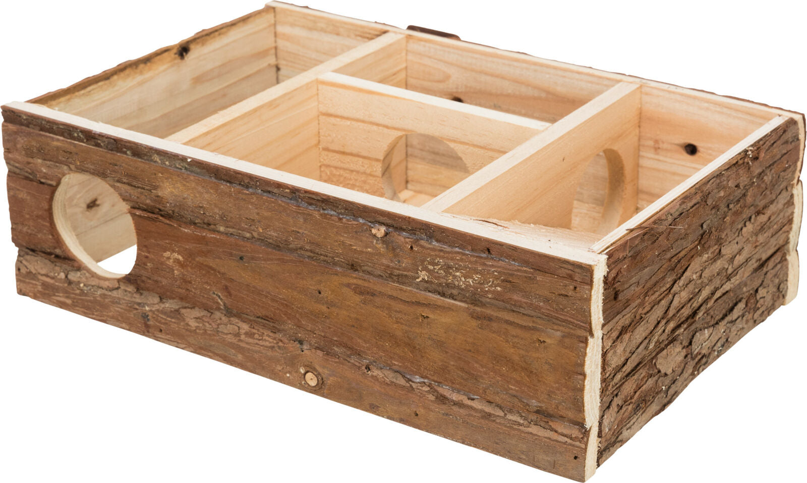 Holzkasten mit offenem Design und mehreren Fächern, natürliche Holztextur und rechteckigen Öffnungen.