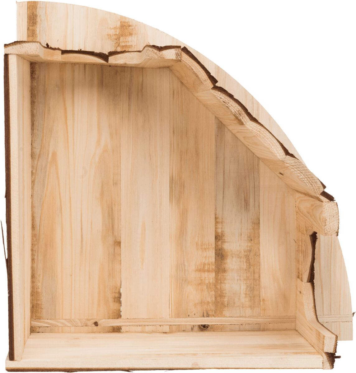 Holzregal mit unregelmäßigen Kanten aus hellem Holz, rechteckig mit einem Bogen in der oberen Ecke.