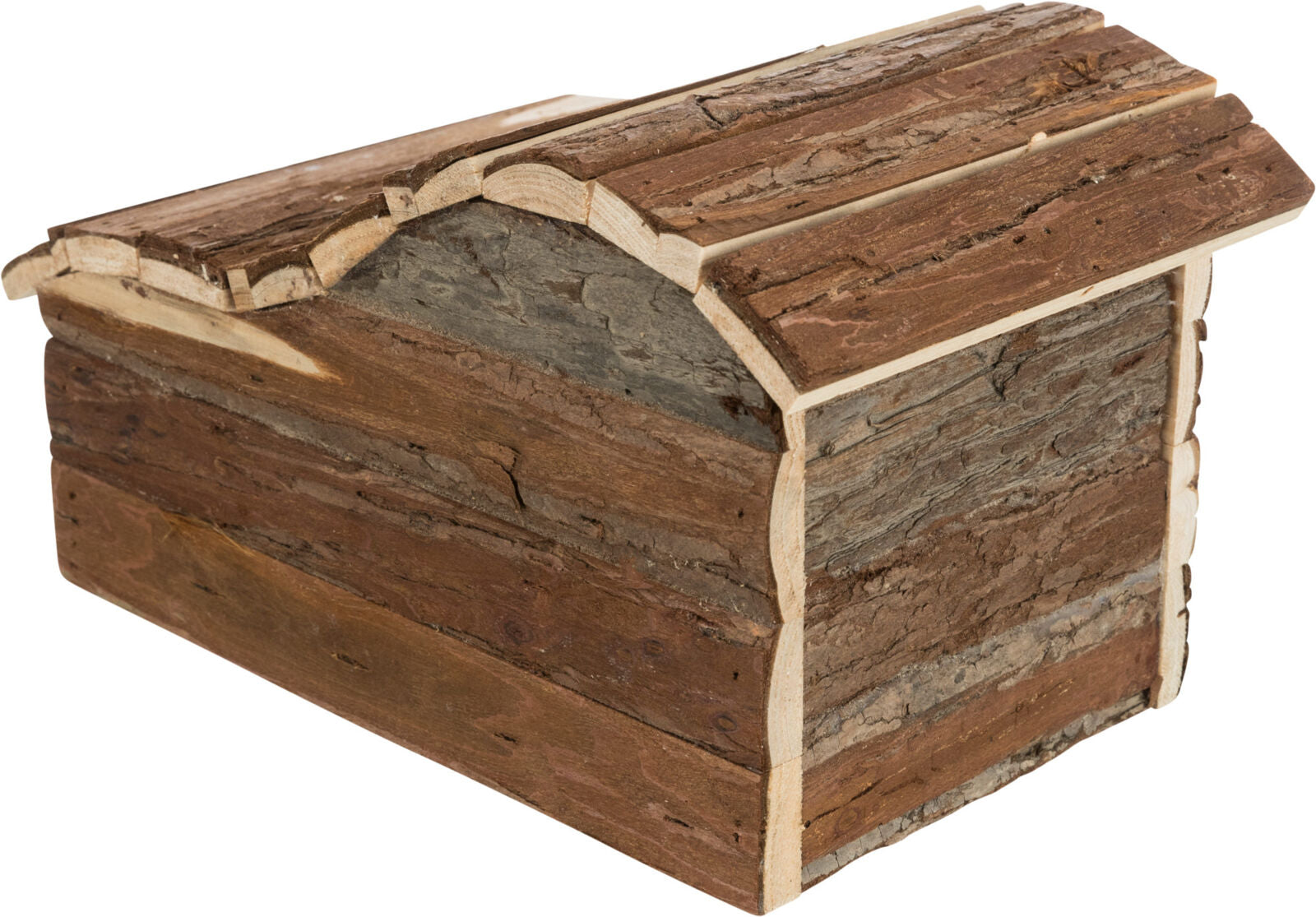 Rechteckiges Holzkonstrukt mit grober, natürlicher Rindentextur und dachartiger Oberseite.