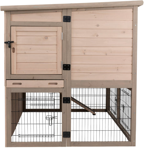 Holzgehege mit Drahtgitterboden, Holzrahmen und -wänden, zwei Türen, eine oben, eine unten.