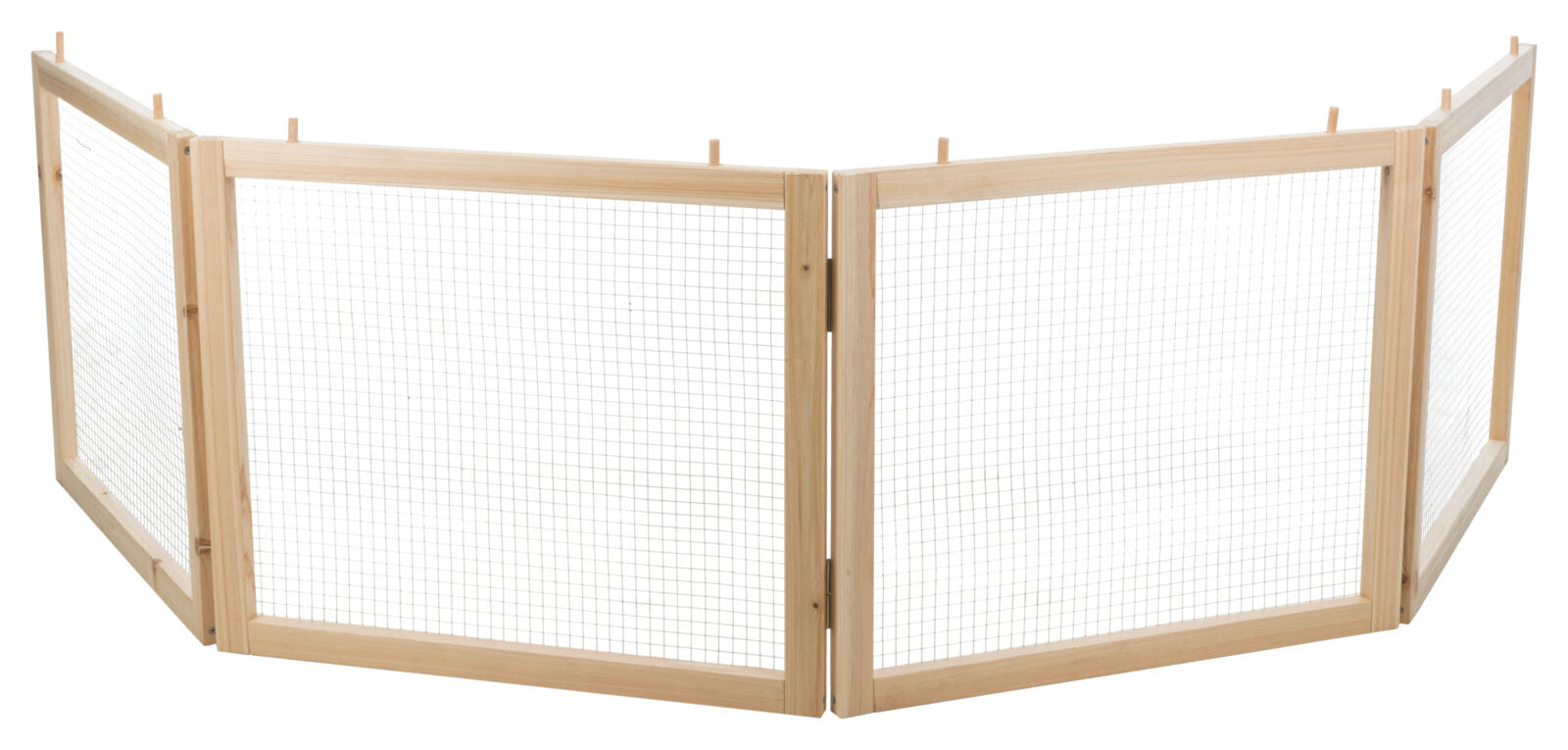 Holzrahmen mit vier eingefügten Gitterelementen im Zickzack-Design, leicht zusammenfaltbar.