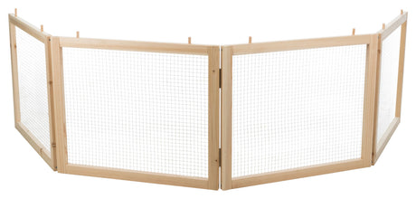 Holzrahmen mit vier eingefügten Gitterelementen im Zickzack-Design, leicht zusammenfaltbar.