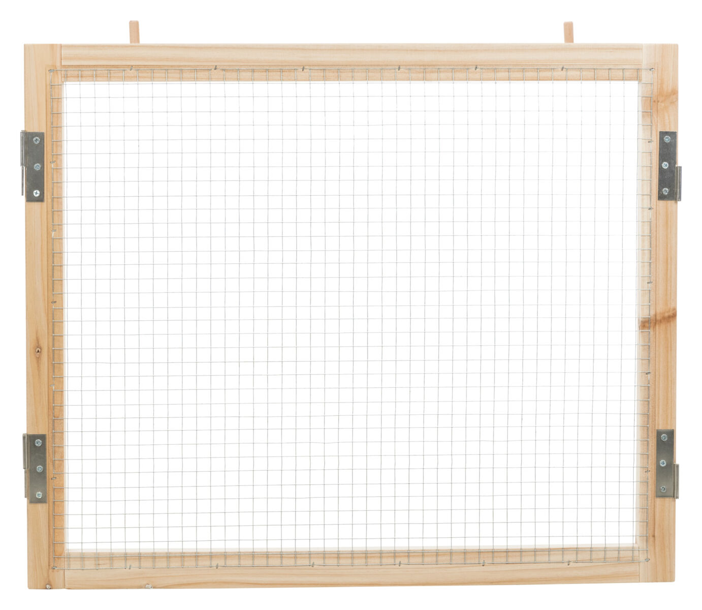 Holzrahmen mit Metallgitter und Scharnieren, rechteckig und einfaches Design.