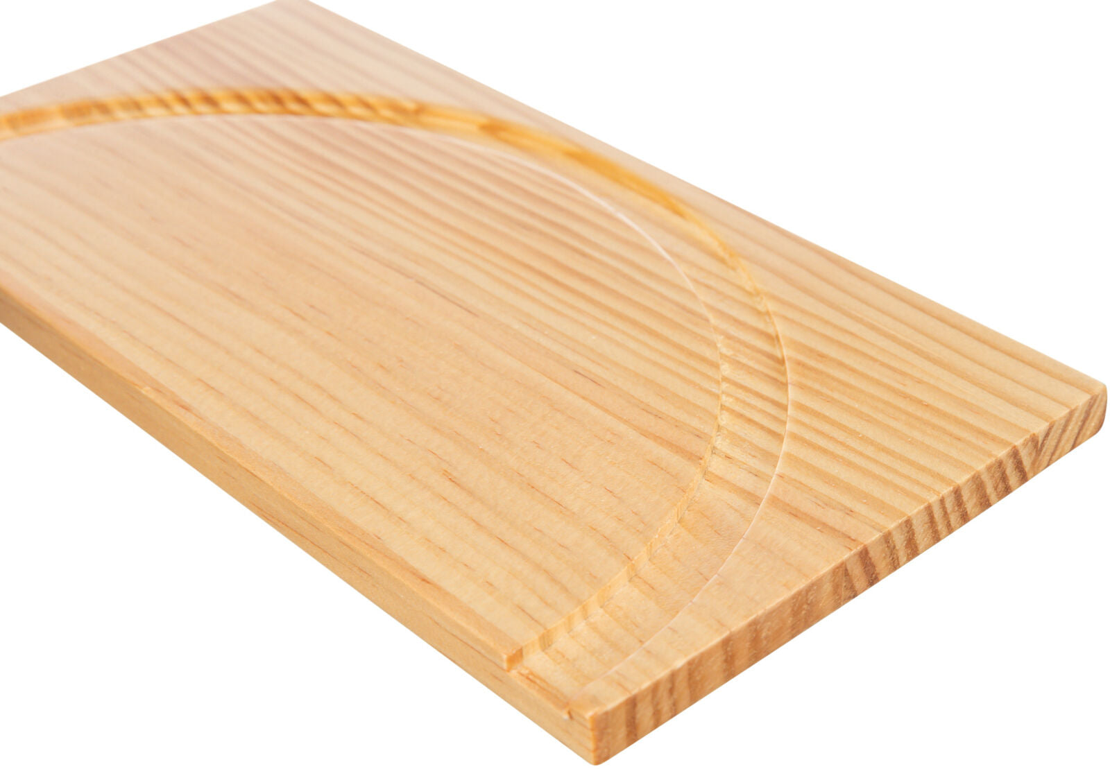 Holzbrett mit runder Vertiefung, helle natürliche Maserung, rechteckige Form.