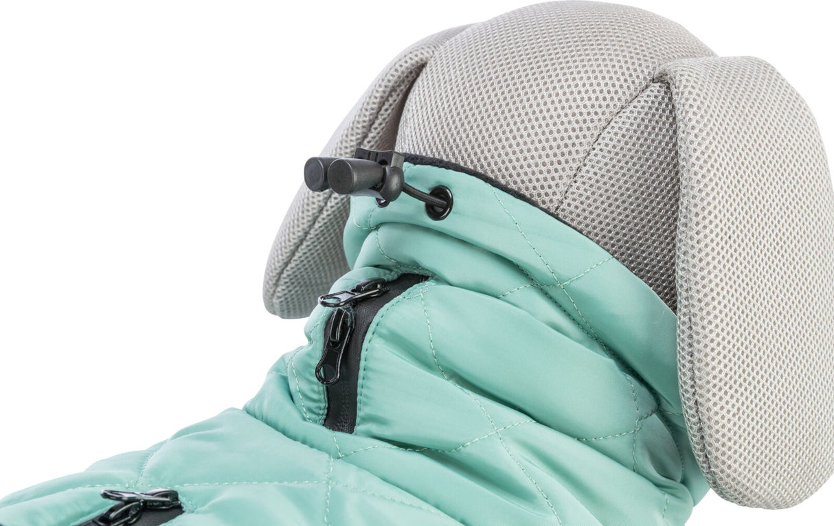 Grünliche Hundebekleidung mit Reißverschluss und Zugsystem, getragen von einem grauen Plüschmodell mit langen Ohren.