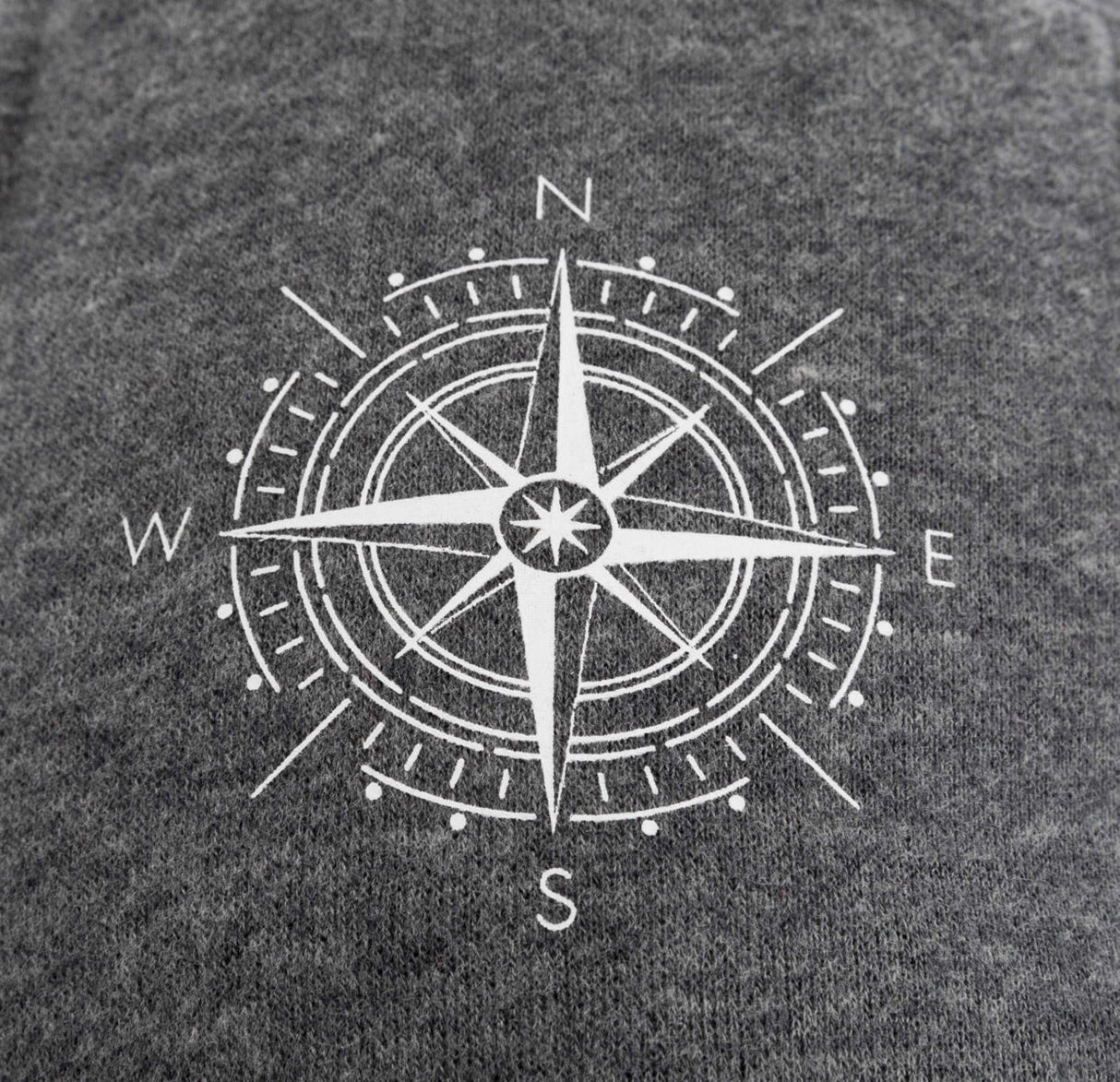 Grauer Hintergrund mit weißem Kompassrosen-Design und Himmelsrichtungen N, E, S, W.
