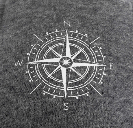 Grauer Hintergrund mit weißem Kompassrosen-Design und Himmelsrichtungen N, E, S, W.