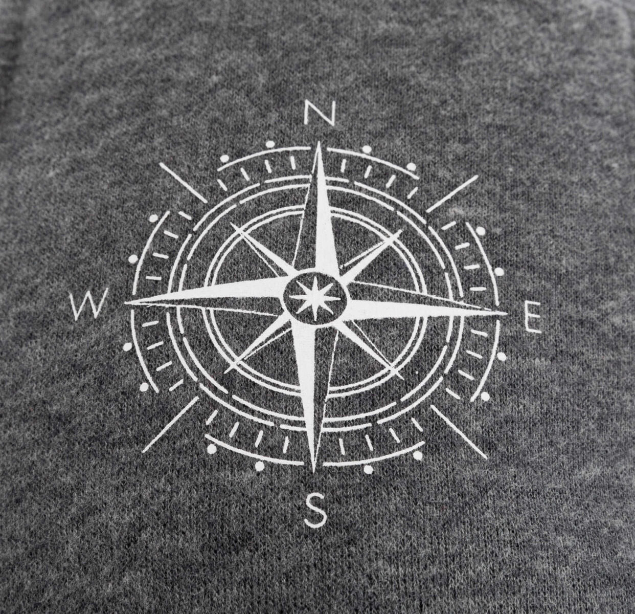 Grauer Hintergrund mit weißem Kompassrosen-Design und Himmelsrichtungen N, E, S, W.