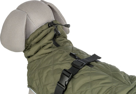 Stoffhundefigur trägt einen olivgrünen, gesteppten Hundemantel mit schwarzen Schnallen und Reißverschluss.