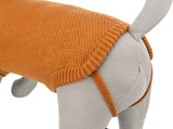 Ein graues Hundemodell trägt einen gestrickten, orangefarbenen Hundemantel mit Beinschlaufe.