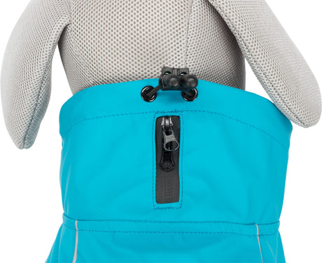 Grauer Stoff mit Netzstruktur und leuchtend blaues Kleidungsstück mit schwarzem Reißverschluss und Kordelstopper.