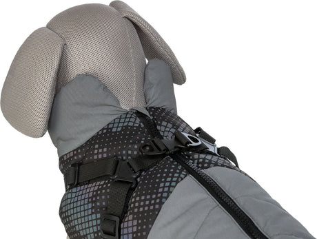 Grauer Hundemantel mit schwarzem Gurt und geometrischem Muster sowie Reißverschluss und gepolsterten Partien.