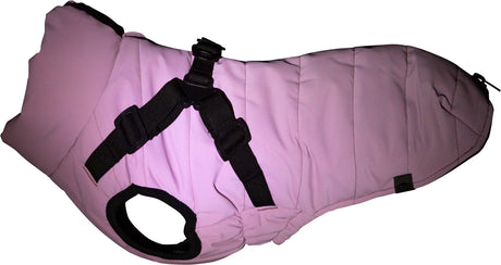 Lila Hundemantel mit schwarzem Gurt und Schnalle.