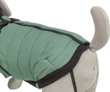 Grüne Hundejacke mit Reißverschluss auf einem grauen Hundemodell.