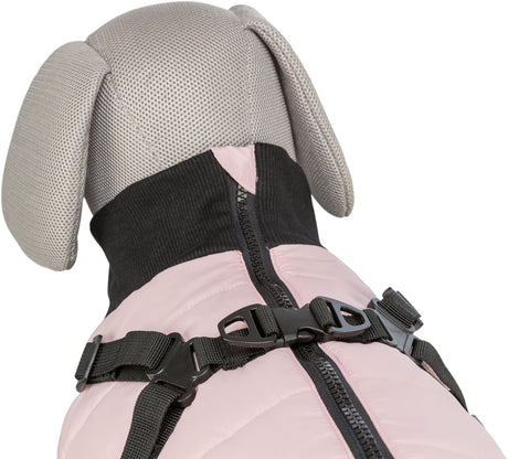 Hundemantel in Rosa mit schwarzem Reißverschluss und verstellbaren schwarzen Gurten.